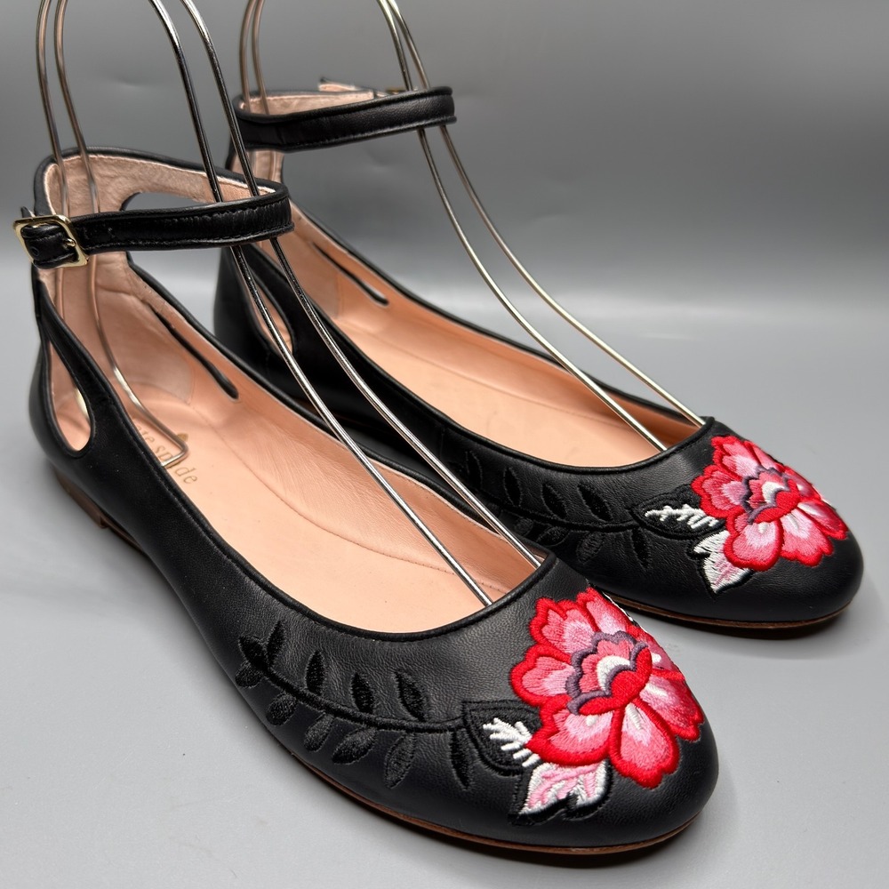 Kate Spade Waren Floral Flats Womens 7.5 Black Leather Buckle Ankle Strap Shoes